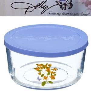 Dolly Parton Floral Design Food Storage Glass Bowl- Blue